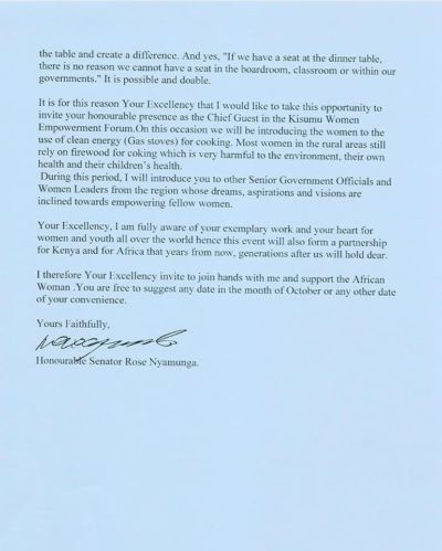 Senator Rose Ogendo’s invitation letter to visit Kenya. - AnsariGroups.com